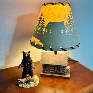 Vintage Rustic Cottage Lamp with Silhouette Leather Laced Shade and Black Bear